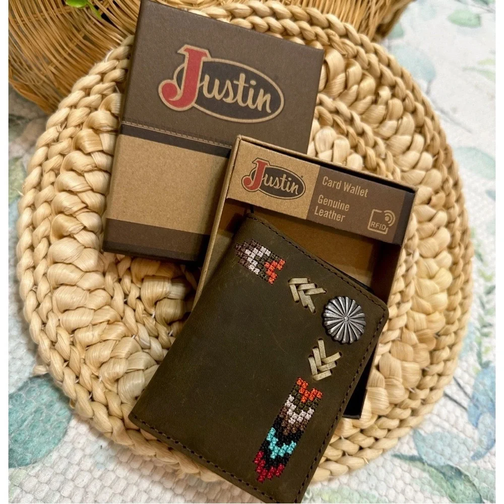 New Justin Boots Genuine Leather Card Wallet Tribal Western Colorful Embroidery